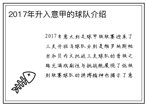 2017年升入意甲的球队介绍